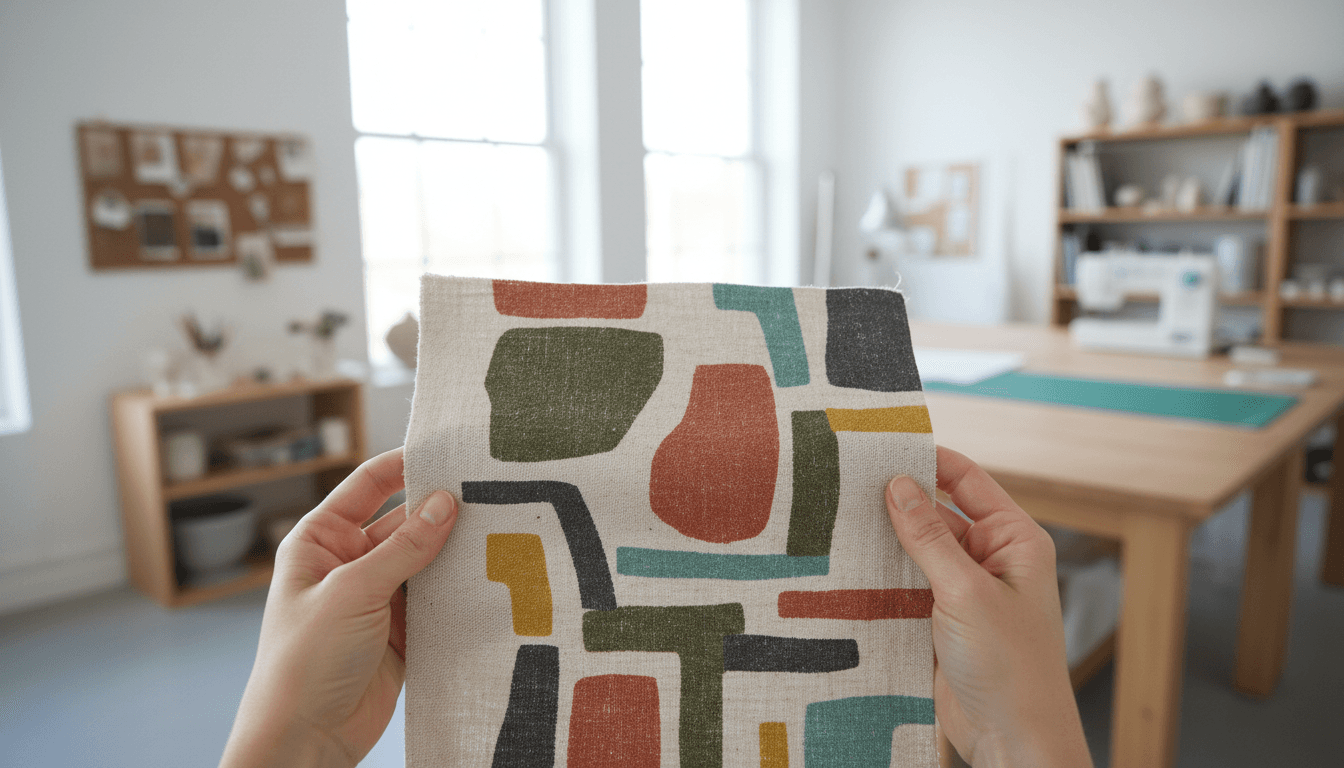 Hand holding a textured organic cotton fabric swatch in a bright design studio