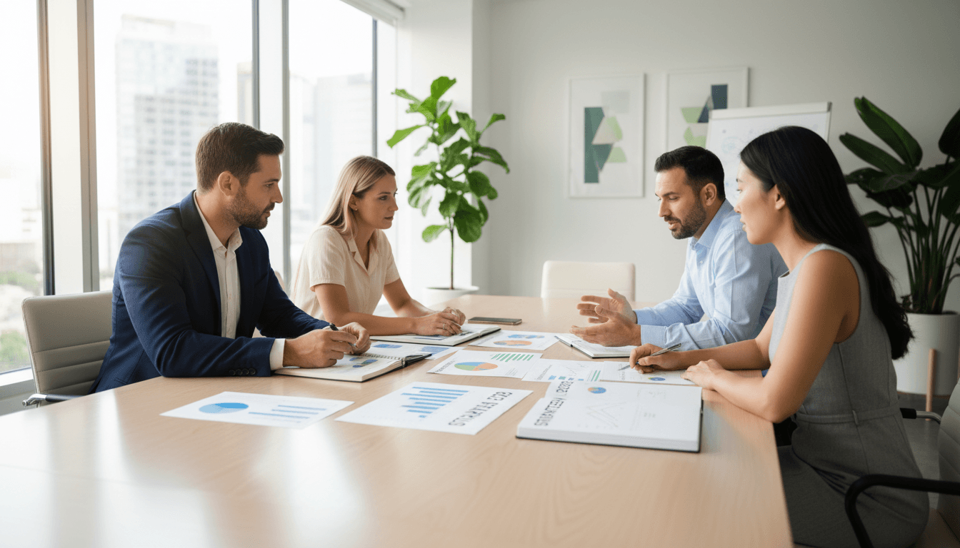 Sustainability consulting team meeting with documents in modern office